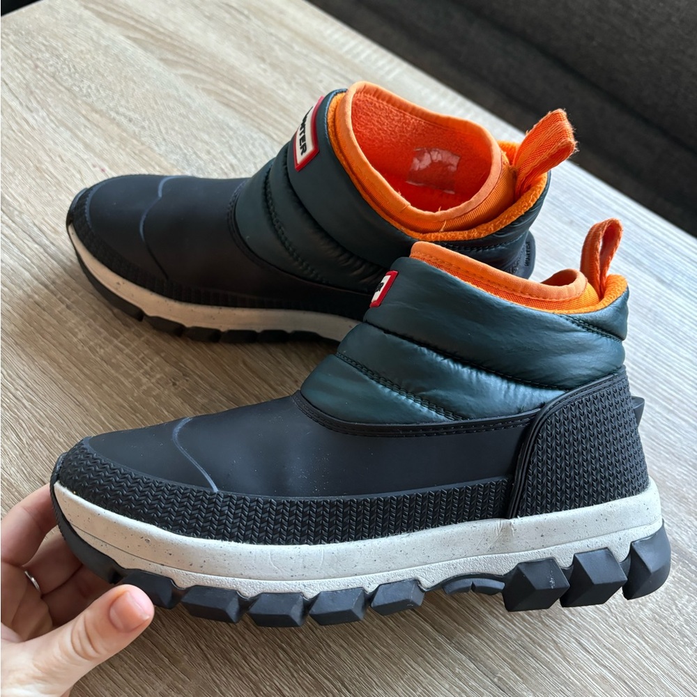 Size 7 Dark greenish blue + black (and orange lining) Hunter weather boots